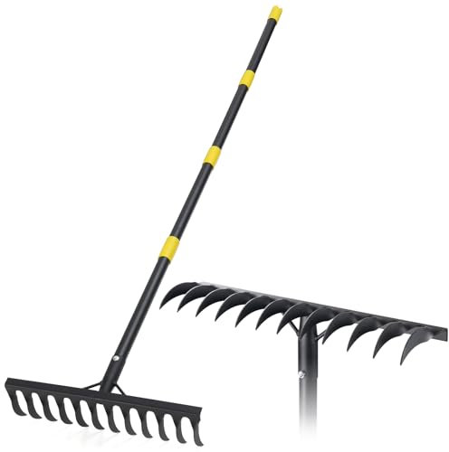 Rastrillo de jardín resistente, rastrillo de metal de 189 cm con 12 dientes, rastrillo de arco con mango largo para aflojar la nivelación del suelo, césped, tierras agrícolas, color negro