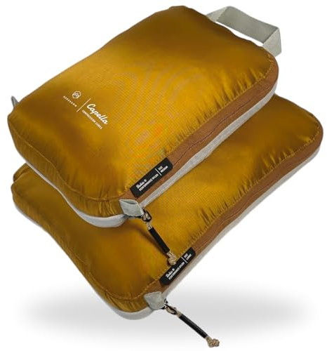 NORDKAMM® Profi-Packtaschen mit Kompression, Ultraleichtes Koffer-Organizer Set, Packing Cubes aus wasserdichtem Stoff, Packwürfel, Packing Cubes Compression (Chai Tea Yellow Set-M-L)