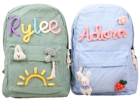 REQTYUI Personalized Corduroy Backpack, Custom Embroidered Name Aesthetic School Bag, Monogram Book Bag for Toddlers and Kids