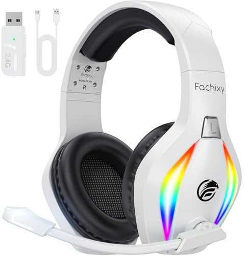 Fachixy FC100 Cuffie con microfono, 2,4 G Wireless Gaming Headset per PS5, PS4, PC, Switch, Mac, Surround Sound Bluetooth Gaming Cuffie senza fili con luce LED, oltre 50 ore di durata della batteria
