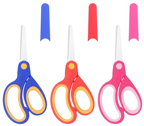 Frepxzlk Lot de 3 paires de ciseaux de sécurité pour enfants gauchers avec housses de ciseaux - Poignées sûres et confortables - Convient pour les étudiants et les jeunes enfants pour la découpe de