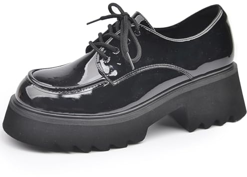 Wtharosa Zapatos Oxford con Plataforma Gruesa para Mujer Cordones Suela de Tacos Gruesa Punta Redonda Mocasines Góticos de Moda para Conjuntos Urbanos y Oficina,Black Patent,35 EU