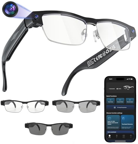 AI Smart Glasses, Occhiali Videocamera con Fotocamera da 8 MP e Video 1200P, con Registrazione Video, Riproduzione Musicale, Traduzione Simultanea/Identificazione Oggetto GPT per Viaggi, Riunioni
