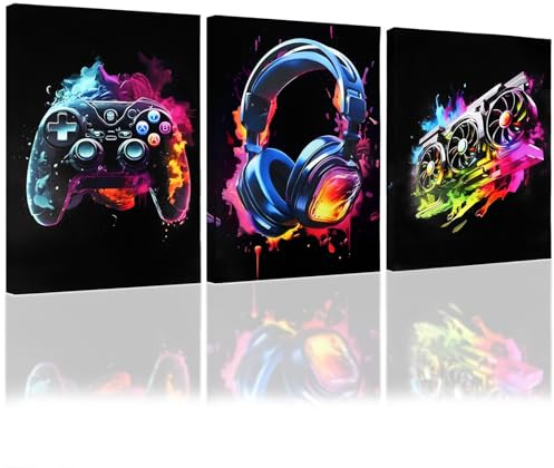 YunBey Set med 3 spelcanvas – ungdomsrum dekoration | Neonspraymålning med styrenhet och headset. 3 ramar, 40 x 30 cm. För sovrum och vardagsrum Present till spelare.