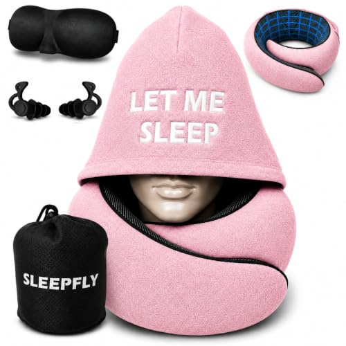 sleepfly Coussin de Voyage à Capuche – Tour de Cou Avion, Masque pour Les Yeux et Bouchons d’Oreilles – Oreiller de Voyage Mousse à Mémoire de Forme – Long Trajet Train Voiture (Rose)