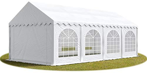 Festzelt Partyzelt 4x8 m schwerentflammbar Premium, hochwertige PVC Plane 750 N in weiß 100% wasserdicht mit Bodenrahmen