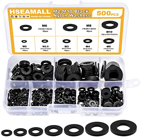 HSeaMall 500 STÜCKE Schwarz Nylon Isolierende Flache Scheibe Runde Distanzscheibe Washer Sortiment Kit für M2 M2.5 M3 M4 M5 M6 M8 M10 Schraube (500PCS Black Nylon Flat Washer)