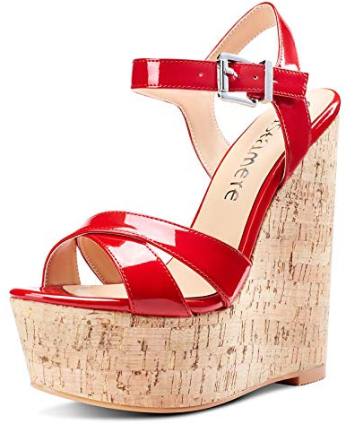Castamere Escarpins Wedge Femme Bout Ouvert Sandale Cale Bride Cheville Slingback Plateforme Talon Rouge Vernis Chaussures EU 38