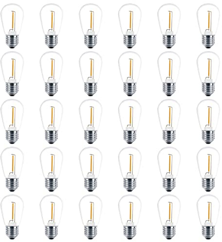 Meconard Confezione da 30 lampadine Edison S14, 1 Watt, lampadine di ricambio per stringhe esterne, filamento a LED a basso tensione, anti-shatterproof E26, base media, 2200 K, bianco caldo, non