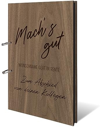 Personalisiertes Abschied Fotoalbum echtes Holz DIN A4 Rente Erinnerungsbuch mit Lasergravur - Machs Gut - mit 25 Blatt / 50 Seiten Fotokarton Schwarz
