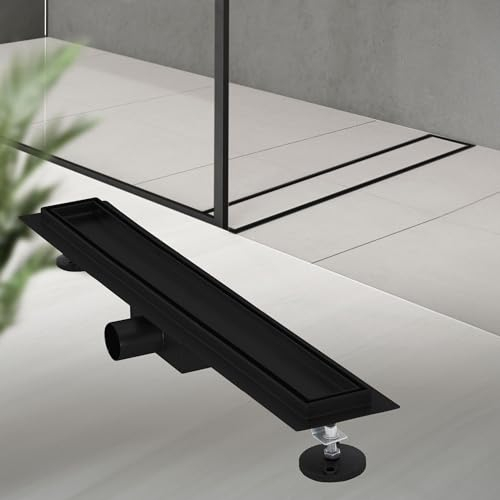 LuxeBath Caniveau de Douche 60 cm 2en1 à Carreler, Noir, Acier Inoxydable, avec Appareil Désodorisant et Filtre à Cheveaux Amovible, Pieds Réglable en Hauteur, Siphon Double Face, Écoulement de Sol