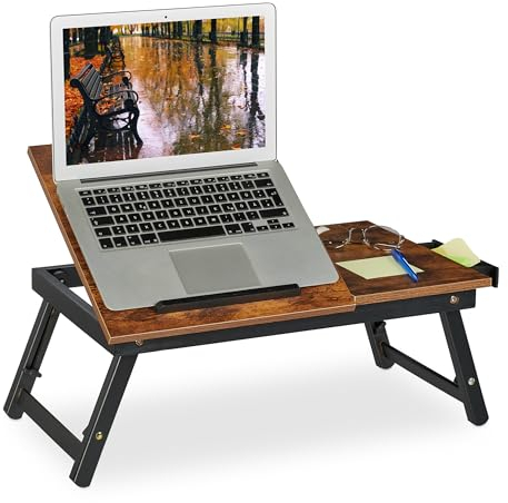 Relaxdays Bandeja Ordenador Altura Regulable, Mesa Portátil Cama y Sofá, Patas Plegables, Bambú, Marrón Oscuro/Negro