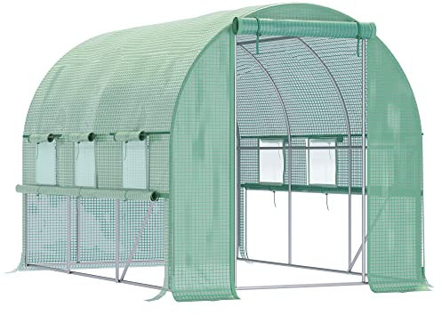 Outsunny 3 x 2 x 2m Polytunnel Greenhouse with Roll-up Sidewalls, Door and 6 Mesh Windows, Walk In Green House with UV-resistant PE Cover, Green