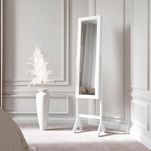 FABS Caitlyn Full Length Mirror with Jewellery Storage Cabinet for Bedroom - Freestanding Jewellery Organiser Cabinet with Drawers, Lipstick Holder, RIng Slots & Hooks for Earrings & Necklace - White