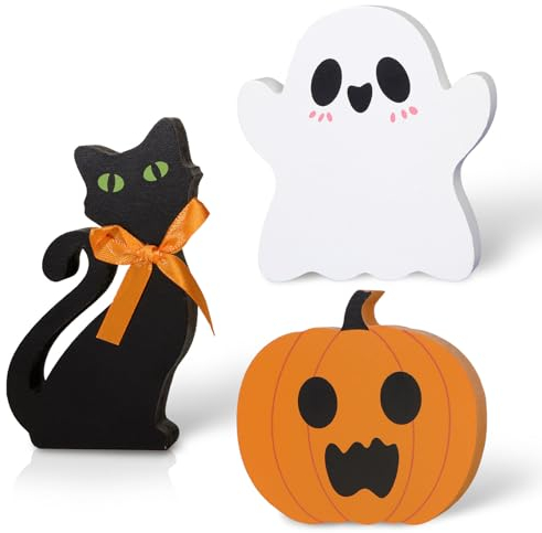 GEBETTER 3pz Decorazione Tavolo Halloween Ornamenti Legno Halloween Addobbi Tavola Interno (Fantasma, Gatto e Zucche)