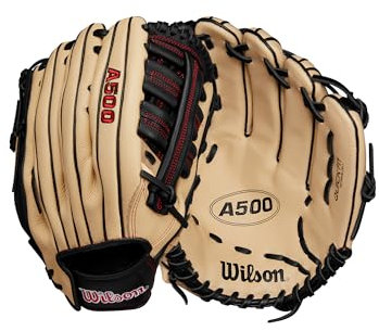 Wilson A500 Outfield Gant de baseball pour enfant Main gauche Blond/rouge/noir 31,8 cm