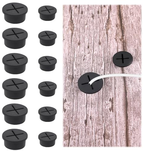 12PCS 1 Inch & 3/4 Inch Black Desk Grommets, 2 Size Cable Cord Grommet, Desk Hole Cover for Cable, Flexible Silicone Cable Grommet for Desk, Table and Other Furnitures