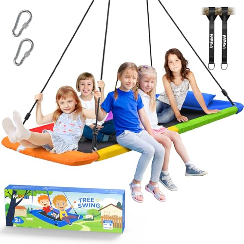 Hapfan 800lbs 60 Platform Tree Swing for Kids and Adults with Pillow, Heavy Duty Large Rectangle Swing for Kids Outdoor, Textilene Fabric, 9.8 FT Hanging Straps