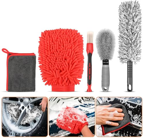 Preciva Auto Reinigungsset, 5tlg. Auto Reinigungsbürsten Set für Auto Reinigung Innenraum und Außen inkl. Mikrofaser Felgenbürste Harten-Borsten-Bürste Weiche-Bürste Waschhandschuh und Trockentuch