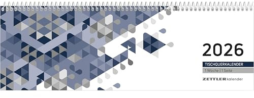 Zettler Tischquerkalender 1W/1S blau 2026 – Wochenkalender 30 × 10 cm, 1 Woche auf 1 Seite mit Stundeneinteilung 7–19 Uhr, FSC-zertifiziert, blauer Einband für Büro & Homeoffice