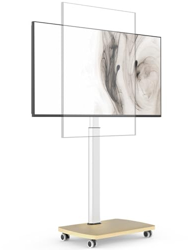 AOKCOS Carrello Porta TV con Ruote per 32-65 Pollici, Orizzontale e Verticale Supporto TV da Pavimento con Base in Legno, Inclinabile e Regolabile in Altezza, Max VESA 400x400mm 30kg, Bianco
