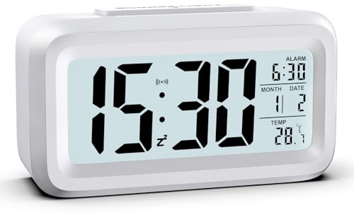 HOMVILLA Wecker Digital Batteriebetrieben mit Temperaturanzeige Große LCD Display, Schlummerfunktion, Datum, Nachtmodus, Hintergrundbeleuchtung Wecker Laut für Tiefschläfer Weiß