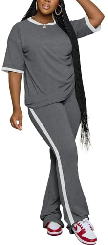 PINSV 2 Piece Sets for Women Summer Casual Short Sleeve Top and Flare Pants Lounge Sets Grey XXL