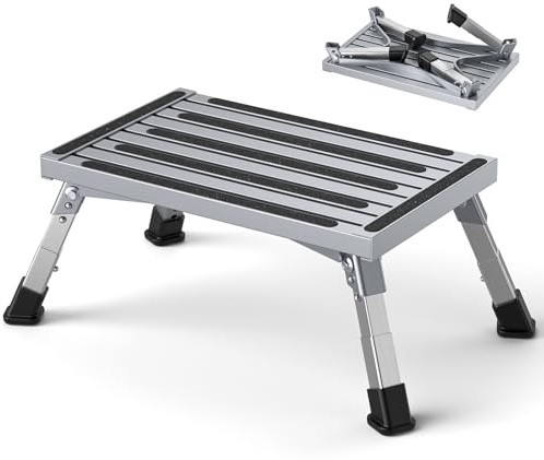 Aluminium Tritthocker Klappbar mit 350 kg Traglast & 4-stufige Höhenverstellung (18-24 cm), Kippsicher Leicht, Klappbar Rutschfester, trittstufe für Camping, Küche und Wohnmobil Tritthocker