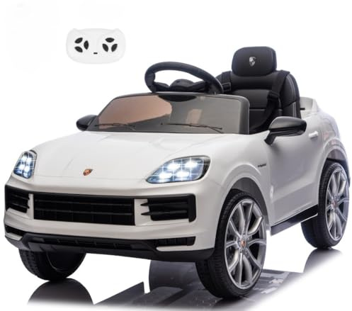 Porsche Cayenne Macchina Elettrica per Bambini 12V con Telecomando Cintura a 3 Punti Fari a Led Bluetooth Auto Elettrica Full Optional Bianco