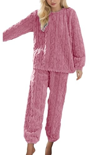 Generisch Pijama para mujer, invierno, cálido, forro polar, mullido, cuello redondo, sudadera, parte superior, pantalones de peluche, conjunto de pijamas, dos piezas con bolsillos, cálido, cómodo
