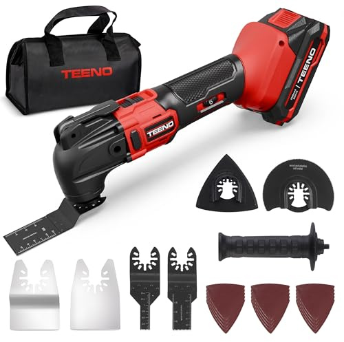 TEENO Utensile Multifunzione Oscillante Senza Fili 20V, Strumento Multifunzione Senza Fili Brushless con 6 Velocità Variabili, 8500-21000RPM, Caricatore, Angolo Oscillante 4°, Per Raschiare, Lucidare