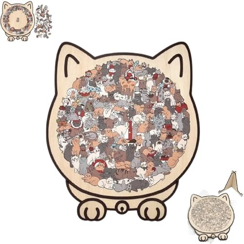 Rompecabezas de Madera con Forma de Gato de 135 Piezas en Colores Morandi, Enmarcado por adorables Siluetas de Gatos, Forma Animal única, decoración para el hogar (A)
