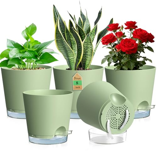 WSMKSZ 20 cm Self Watering Plant Pots Indoor, 5 Pack Thick Plastic Flower Pots with Clear Reservoir, Visible Water Level and Drainage Holes, Medium Planter Pots with Cotton Wick for Outdoor, Green