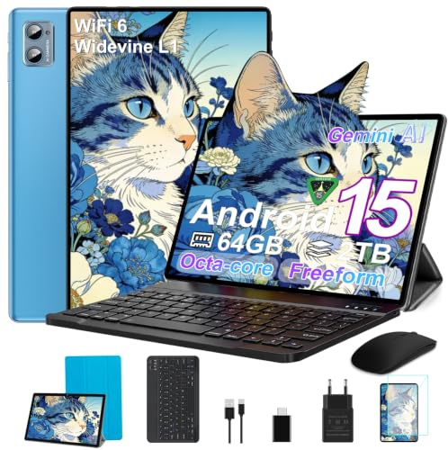 SUAAT 2026 Tableta 10 Pulgadas con Android 15 Octa Core, 64 GB ROM + 2 TB TF | 5G + 2,4G WiFi |GMS| Bluetooth 5.0 |8 MP + 5 MP | Tipo C, Tableta táctil con Funda, Teclado y ratón-Azul