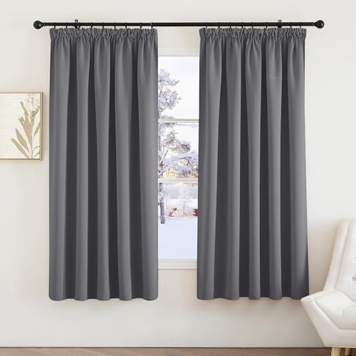 PONY DANCE Blackout Pencil Pleat Curtains, Grey, W66 x L72 Inch, 2 Panels | Thermal Insulated Curtains with Noise Reducing & Privacy, Luxury Soft Window Treatment for Bedroom & Living Room