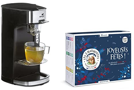 Senya Set Machine à thé, théière électrique Noire Tea Time & Le Coffret Découverte Comprenant 72 sachets -Les 2 Marmottes, Plastique, 550 milliliters