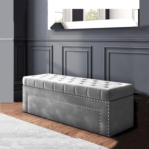 Duke Large Ottoman Storage Box, Velvet Upholstered Blanket Box with Hinged Lid, End of Bed Storage Bench, Bedroom Ottoman Storage Bench, Storage Ottoman Seat for Living Room, Hallway & Bedroom