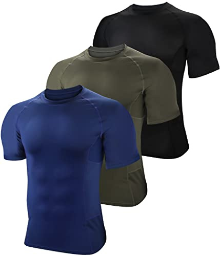 BOOMCOOL Lot de 3 t-shirts de compression à manches courtes pour homme, T-shirts de base de sport, T-shirt d'entraînement athlétique, Large