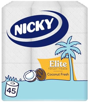 Nicky Elite Coconut Fresh Toilet Tissue - 45 Rolls of White Toilet Paper, 168 Sheets per Roll, 3-Ply, Exotic Coconut Scent, Softeness and Comfort to the Skin, 100% FSC Certified Paper, Easy Open Pack