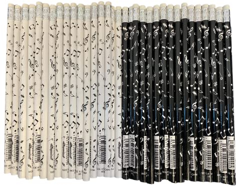 PartyErasers Musik-Themen-Schreibwaren – gemischte schwarze und weiße Musiknoten-Bleistifte mit Radiergummi auf der Oberseite (60 Stück) Party-Set