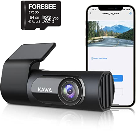 Dashcam Auto, KAWA D6 Dashcam 2K 1440P QHD 30 fps, 360° drehbares Gehäuse Eingebautes WLAN, 145°Weitwinkel WDR mit Nachtsichtunterstützung, Parküberwachung und G-Sensor, Mit 64G Karte, LCD