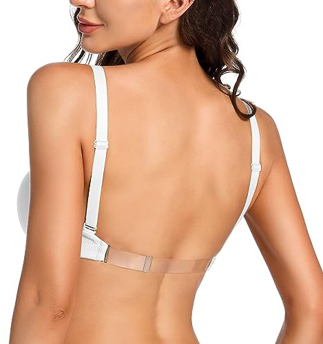 YBCG Soutien-Gorge Plongeant avec Bretelles Transparentes dans Le Dos Nu en V Profond Convertible Push-up rembourré Ajouter 2 Bonnets Coupe Basse Armatures pour Femme, Blanc, 95 B (Taille