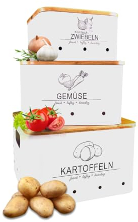 MNKsolution Kartoffel Aufbewahrungsbox mit Deckel - 3er Set - länger frisch - Kartoffel Gemüse Zwiebel Knoblauch Aufbewahrung - Küchenorganizer - Vorratsbehälter Weiß