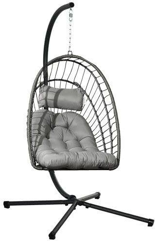 Outsunny Poltrona Sospesa in Rattan PE con Cuscino Imbottito, Sedia Sospesa a Dondolo con Seduta Pieghevole e Struttura in Acciaio, Grigio