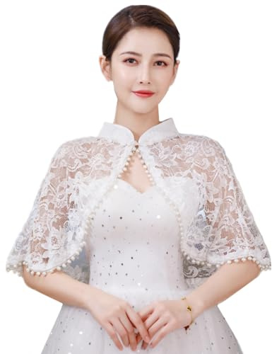 SamHeng Lace Wedding Shawl Wrap for Women, White Stand Collar Pearl Pendant Evening Cape Bridal Shoulder Cover Up Scarf Open Front Prom Party Dress Bolero Shrug Cardigans Elegant Capelet