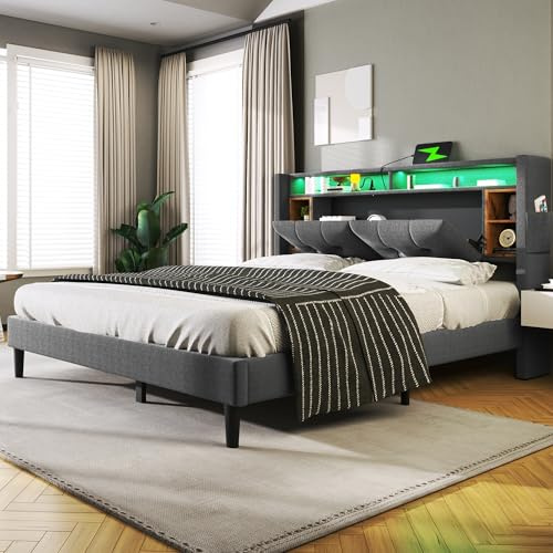 Rtopsu Letto Imbottito Letto Matrimoniale 160x200 cm con Illuminazione a LED e USB, Letti con Testiera Contenitore e Ripiani, Struttura Letti con Rete a Doghe in Legno, Lino, Grigio A, Senza Materasso