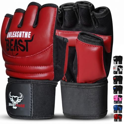 Beast Rage kampsport träningshandskar hybrid palm för brottning 10 mm skumstoppning för handskydd boxningssäck handskar med 25 cm armband för handledsstöd MMA sparringhandskar för kickboxning