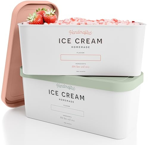 ZICOTO Set of 2 Reusable Ice Cream Tub Containers 2 Quart Each - Perfect for Homemade Sorbet, Frozen Yogurt Or Gelato - Stackable Storage Containers, Stickers And Lids Stores Easily In Freezer