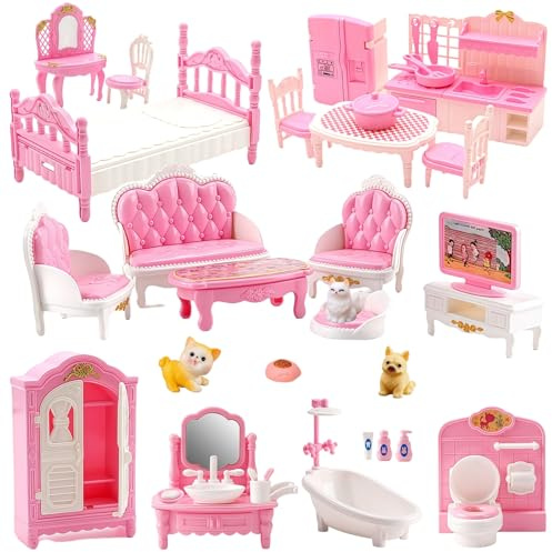 36Pcs Dollhouse Furniture Sets,Miniature 1:12 Scale Doll House Accessories and Furniture with Cat,Dog,Kitchen, Dining Room, Living Room,Bedroom for Playhouse Toy(Pink)