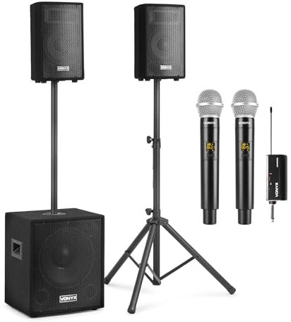 Set Karaoke Profesional con Micrófonos Inalámbricos UHF - Altavoces Potentes 800W con Subwoofer 12, Bluetooth, USB, Tarjeta SD y Soportes - para Fiestas, Clubes y Uso Profesional